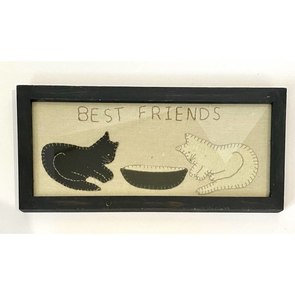 none Other - Primitive Stitched Fabric kittens "Best Friends" framed‎ cats picture art